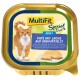 Katzenfutterverpackung mit einer roten Katze, beschriftet "MultiFit Special Duo Adult," mit Lachs-Pâté in Joghurt-Gelee in mehreren Sprachen.