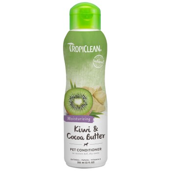 TropiClean Kiwi & Cocoa Butter Pet Conditioner bottle, featuring a green cap, kiwi slice, and cocoa butter pieces, labeled as moisturizing.