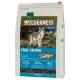 Bag of "Wilderness Adult Pure Salmon" dog food with a wolf image; 65% salmon, 35% fruits/vegetables, 0% grains.