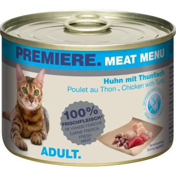 Dose Katzenfutter mit einer Bengal-Katze, beschriftet mit 'Premiere Meat Menu', mit 'Huhn mit Thunfisch' und '100% frischfleisch.'