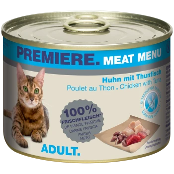 Dose Katzenfutter mit einer Bengal-Katze, beschriftet mit 'Premiere Meat Menu', mit 'Huhn mit Thunfisch' und '100% frischfleisch.'