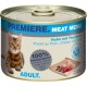Blik kattenvoer met een Bengaalse kat, gelabeld "Premiere Meat Menu," met "Huhn mit Thunfisch" (Kip met Tonijn) en "100% frischfleisch."