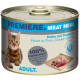 Boîte de nourriture pour chat avec un chat Bengal, étiquetée "Premiere Meat Menu," avec "Huhn mit Thunfisch" (Poulet avec Thon) et "100% frischfleisch."