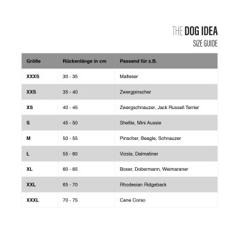 Größentabelle für Hundebekleidung, die Größen von XXXS bis XXXL mit entsprechenden Rückenlängen in cm und geeigneten Rassen auflistet.