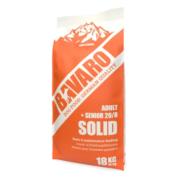Orange-weißes BAVAROT Hundefuttersack mit den Aufschriften 'Dog Food: German Quality', 'ADULT + SENIOR 20/8', 'SOLID', 18 kg.