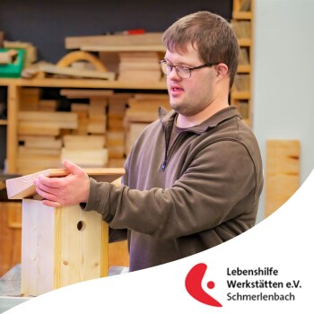 Eine Person in einem braunen Pullover montiert ein Holzvogelhaus in einer Werkstatt, die mit verschiedenen Holzmaterialien gefüllt ist.
