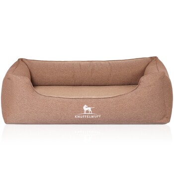 Braunes Haustierbett mit einem weichen, gepolsterten Inneren und erhöhten Seiten, mit dem Logo "KNUFFELWUFF" und einer Silhouette eines Hundes.