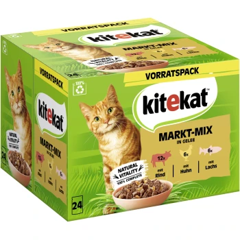 Kitekat MARKT-MIX Haustierfutterbox mit einer roten Katze, mit 12 Portionen Rindfleisch, 6 Portionen Hähnchen und 6 Portionen Fisch in Gelee.