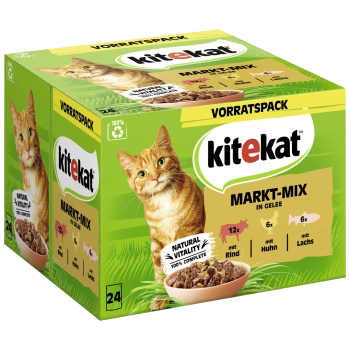 Kitekat MARKT-MIX Haustierfutterbox mit einer roten Katze, mit 12 Portionen Rindfleisch, 6 Portionen Hähnchen und 6 Portionen Fisch in Gelee.