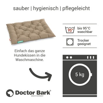 Ein schwarzes Hundebett mit gepolstertem Design, beschriftet mit "Doctor Bark," mit Text, der angibt, dass es bis zu 95°C waschbar und trocknergeeignet ist.