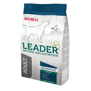 A bag of Leader Natural Dog Nutrition "Sensitive" dog food for large dogs, featuring "Nutritious Lamb" and "Allergy Care." Made in Ireland.
