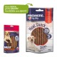 Zwei Hundeleckerlipackungen: links mit "Premiere Meat Sticks" mit einem gelben Labrador, rechts mit "I Love My Dog" in blauem Design. Beide 70g, auf Rindfleischbasis.