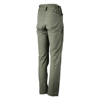 Olivgrüne Outdoor-Hosen mit einer taillierten Passform, mit einer Reißverschlusstasche an der Seite und dem Text "DOGCOACH" am Bund.
