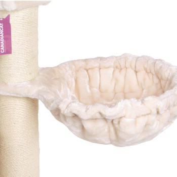 Eine plüschige, cremefarbene Katzenhängematte, die an einem Kratzbaum befestigt ist, mit weichem Stoff und einem gewellten Rand, beschriftet mit "CANADIANCAT."