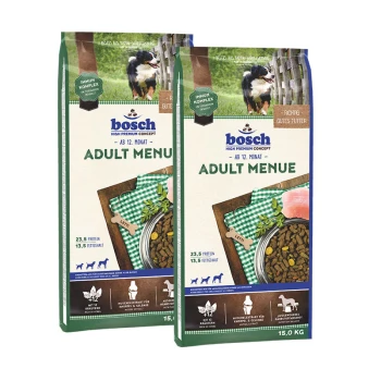 Zwei Säcke Bosch Adult Menu Hundefutter, jeweils 15,0 kg, mit einem grün-weißen karierten Design, mit Nährwertangaben: 23,5% Protein, 13,5% Fett.