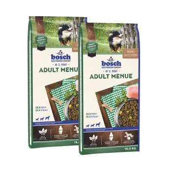 Zwei Säcke Bosch Adult Menu Hundefutter, jeweils 15,0 kg, mit einem grün-weißen karierten Design, mit Nährwertangaben: 23,5% Protein, 13,5% Fett.