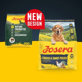 Josera Hundefutterbeutel, Nature Energetic getreidefrei 900g und Chicken & Sweet Potato getreidefreies Hundefutter für Erwachsene mit neuem Designetikett.