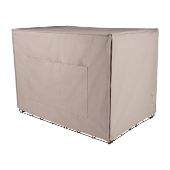 Ein beiger Haustierkäfigbezug mit einer Fronttasche, entworfen, um über einen Draht-Hundekäfig zu passen, für mehr Privatsphäre und Komfort.