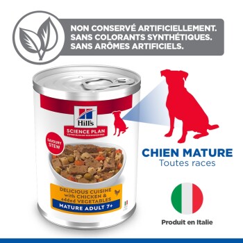 Boîte Hill's Science Plan de nourriture humide pour chien — « Cuisine délicieuse au poulet et légumes », « Mature Adult 7+ », « Chien Mature ».