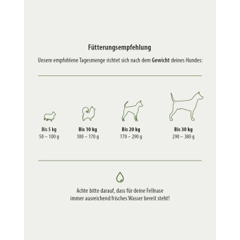 Fütterungsempfehlungstabelle, die die täglichen Futtermengen für Hunde basierend auf dem Gewicht zeigt, mit einem Hinweis zur Bereitstellung von frischem Wasser.