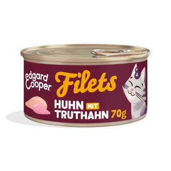 Edgard Cooper Filets Katzenfutterdose, bordeauxrote Etikette mit lächelnder Katze und Fleischabbild, Text 'Huhn mit Truthahn 70g'
