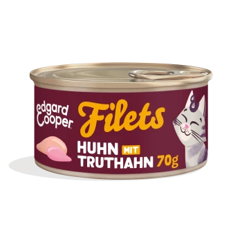 Edgard Cooper Filets Katzenfutterdose, bordeauxrote Etikette mit lächelnder Katze und Fleischabbild, Text 'Huhn mit Truthahn 70g'