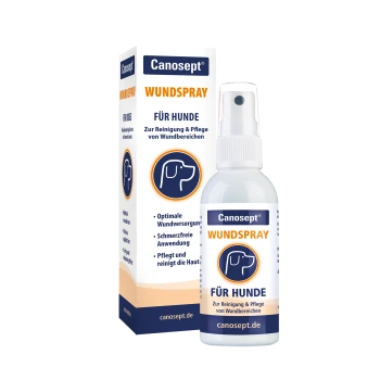 Canosept Wundspray für Hunde, Flasche und Verpackung mit Hunde-Icon, beschriftet mit "WUNDSPRAY FÜR HUNDE" und "canosept.de".