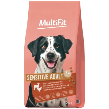 Sac de nourriture MultiFit pour chiens avec chien noir et blanc souriant, étiquette 'Sensitive Adulte 1+', agneau, volaille et riz, 12 kg.