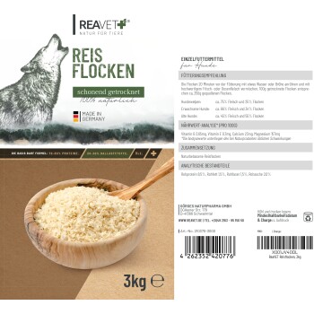 Verpackung von Reavet Reis Flocken Haustierfutter, mit einer Holzschüssel Reisflocken, einer heulenden Wolfsgrafik und Nährwertinformationen.
