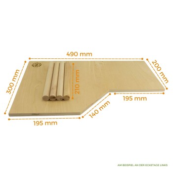 Holzspielzeug-Bausatz für Haustiere mit einer flachen Basis und vier zylindrischen Holzstäben, mit Abmessungen in Millimetern beschriftet.