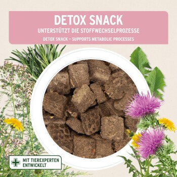 Runde Dose 'DETOX SNACK' mit braunen Würfel-Leckerlis für Tiere mit Kräutern und Distel; Text: 'MIT TIEREXPERTEN ENTWICKELT'