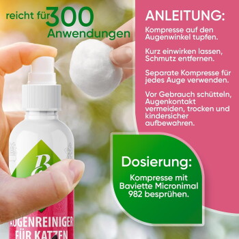 Hand sprüht Wattepad mit Augenreiniger für Katzen; sichtbarer deutscher Text: 'reicht für 300 Anwendungen', 'ANLEITUNG', 'Dosierung'.