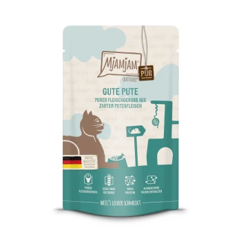 Nassfutter Katze Adult, Quetschie Purer Fleischgenuss, Pute 12x125 g Eine Haustierfuttertüte mit der Aufschrift 'Mjamjam Gute Pute', die einen Cartoon-Hund und eine Katze zeigt, mit Text, der reines Putenfleisch, getreidefrei und Mono-Protein hervorhebt.