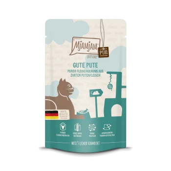 Eine Haustierfuttertüte mit der Aufschrift 'Mjamjam Gute Pute', die einen Cartoon-Hund und eine Katze zeigt, mit Text, der reines Putenfleisch, getreidefrei und Mono-Protein hervorhebt.