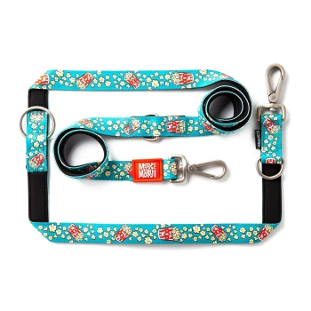 Blaues Hundeleinen- und Halsband-Set mit Popcorn- und Getränkebecher-Muster, mit rotem "Max & Molly"-Etikett.