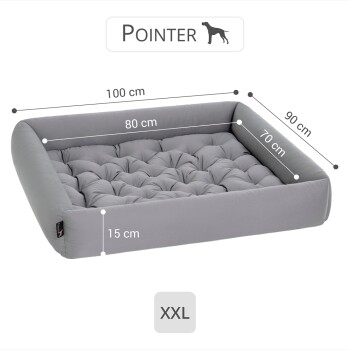 Graues Hundebett mit gepolstertem Design, Abmessungen beschriftet: 100 cm x 80 cm x 15 cm, als XXL gekennzeichnet, Markenname "Pointer" sichtbar.