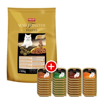 Vom Feinsten Deluxe Adult Grain Free Mischfütterungsset 2tlg. Goldene Tüte Animonda Vom Feinsten Deluxe Katzenfutter (10 kg) mit einer weißen Katze, plus verschiedene Schalen mit getreidefreiem Nassfutter für Katzen.
