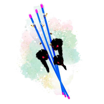 Drei blaue Katzen-Spielangeln mit pinken Spitzen, Glöckchen und schwarzen Bommeln mit roten Augen auf pastelligem Aquarellhintergrund