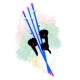 Drei blaue Katzen-Spielangeln mit pinken Spitzen, Glöckchen und schwarzen Bommeln mit roten Augen auf pastelligem Aquarellhintergrund