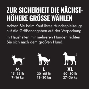 Hundgrößentabelle: Zur Sicherheit die nächsthöhere Größe wählen. M 15–35 lb (7–16 kg); L 30–65 lb (13–30 kg); XL 60–80 lb (27–36 kg)