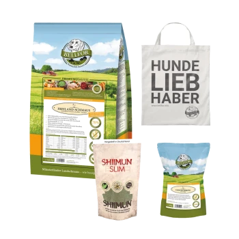 Bild von Bellfor Tierfutter: große Tüte "FREILAND-SCHMAUS", zwei kleinere Tüten "SHIIMUN SLIM" und "SHIIMUN" sowie eine "HUNDE LIEB HABER" Tragetasche.