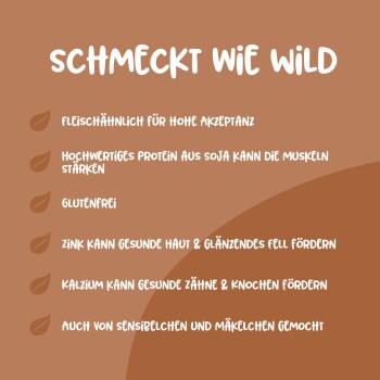 Brauner Hintergrund mit weißem Text: "Schmeckt wie wild." Hebt die Vorteile von Haustierfutter hervor: hohe Fleischakzeptanz, glutenfrei, unterstützt Haut und Fell.
