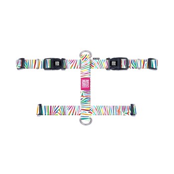 Bunt gestreiftes Hundegeschirr mit schwarzen Schnallen und „Max & Molly Urban Pets“-Etikett auf weißem Hintergrund.