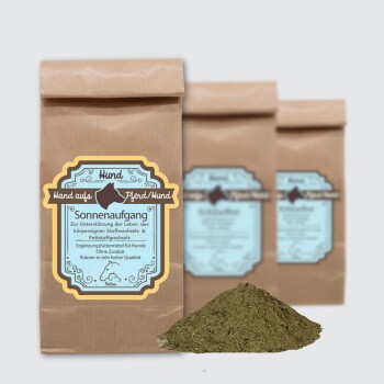 Braune Papiertüte mit der Aufschrift "Sonnenaufgang" und blauen Akzenten, die ein pflanzliches Ergänzungsmittel für Hunde enthält, das die Leber und die Verdauung unterstützt.