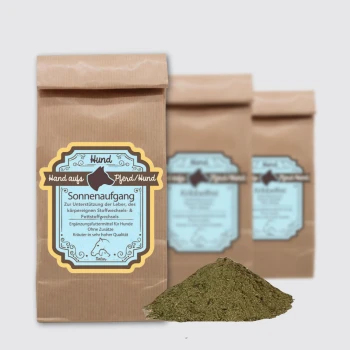 Braune Papiertüte mit der Aufschrift "Sonnenaufgang" und blauen Akzenten, die ein pflanzliches Ergänzungsmittel für Hunde enthält, das die Leber und die Verdauung unterstützt.