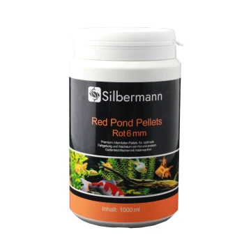 Behälter mit Silbermann Red Pond Pellets, 1000 ml, mit einem schwarzen Etikett mit orangefarbener Schrift, entworfen für Koi und Gartenteichfische.