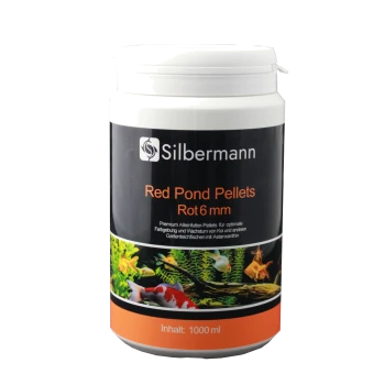 Behälter mit Silbermann Red Pond Pellets, 1000 ml, mit einem schwarzen Etikett mit orangefarbener Schrift, entworfen für Koi und Gartenteichfische.
