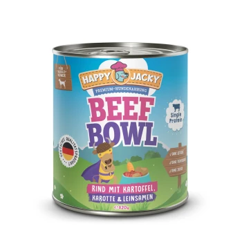 Dose mit Happy Jacky Beef Bowl Hundefutter mit einem Cartoon-Hund im Umhang, beschriftet mit "Single Protein" und aufgelistet sind Rindfleisch, Kartoffeln, Karotten und Leinsamen.