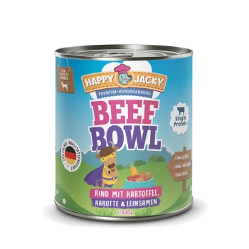 Dose mit Happy Jacky Beef Bowl Hundefutter mit einem Cartoon-Hund im Umhang, beschriftet mit "Single Protein" und aufgelistet sind Rindfleisch, Kartoffeln, Karotten und Leinsamen.