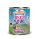 Dose mit Happy Jacky Beef Bowl Hundefutter mit einem Cartoon-Hund im Umhang, beschriftet mit "Single Protein" und aufgelistet sind Rindfleisch, Kartoffeln, Karotten und Leinsamen.